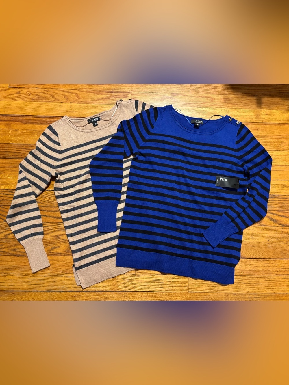 a.n.a Striped Boatneck Sweater Duo - Blue & Beige with Black Stripes Bundle of 2